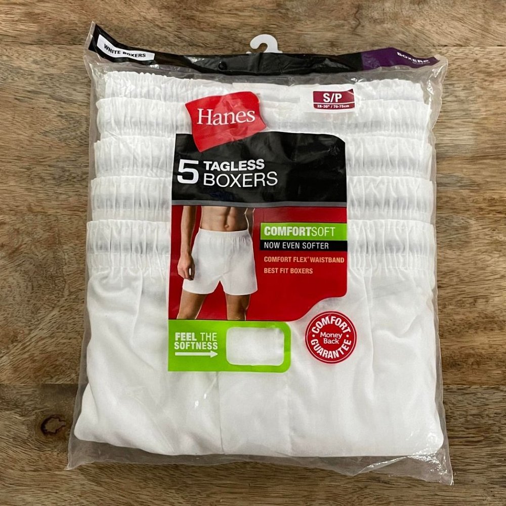 5/$20 NEW 5Pk S 28-30 Men's Hanes White Tagless Comfortsoft Boxers